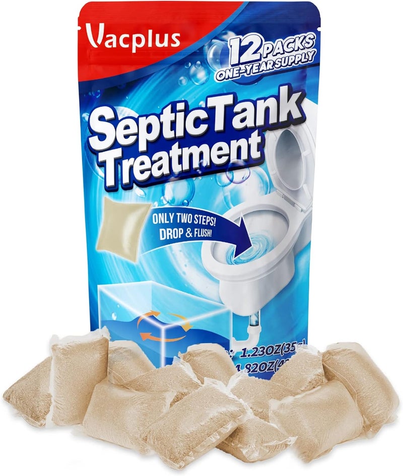 Vacplus Septic Tank Treatment 12 Pcs for 1-Year Supply, Dissolvable Packs with Easy Operation, Durable Biodegradable Enzymes for Wastes, Greases & Odors, Brown, 3x Efficiency - Image 1